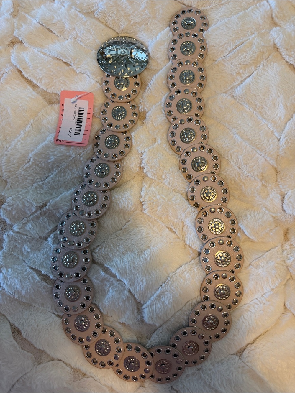 Beige Decorative Medallion Women's Belt with Silver Accents
